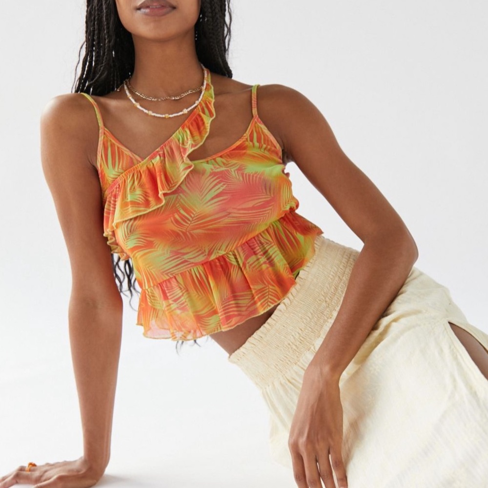 NWT UO Palm Leaf Tropical Asymmetrical Ruffle Cami Top
